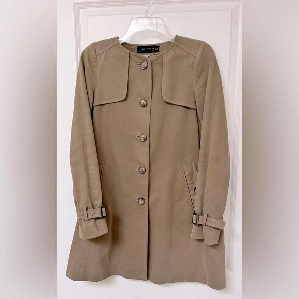 Zara Women’s Classic Tan Trench Coat Button Down Belted Cuffs Size XS